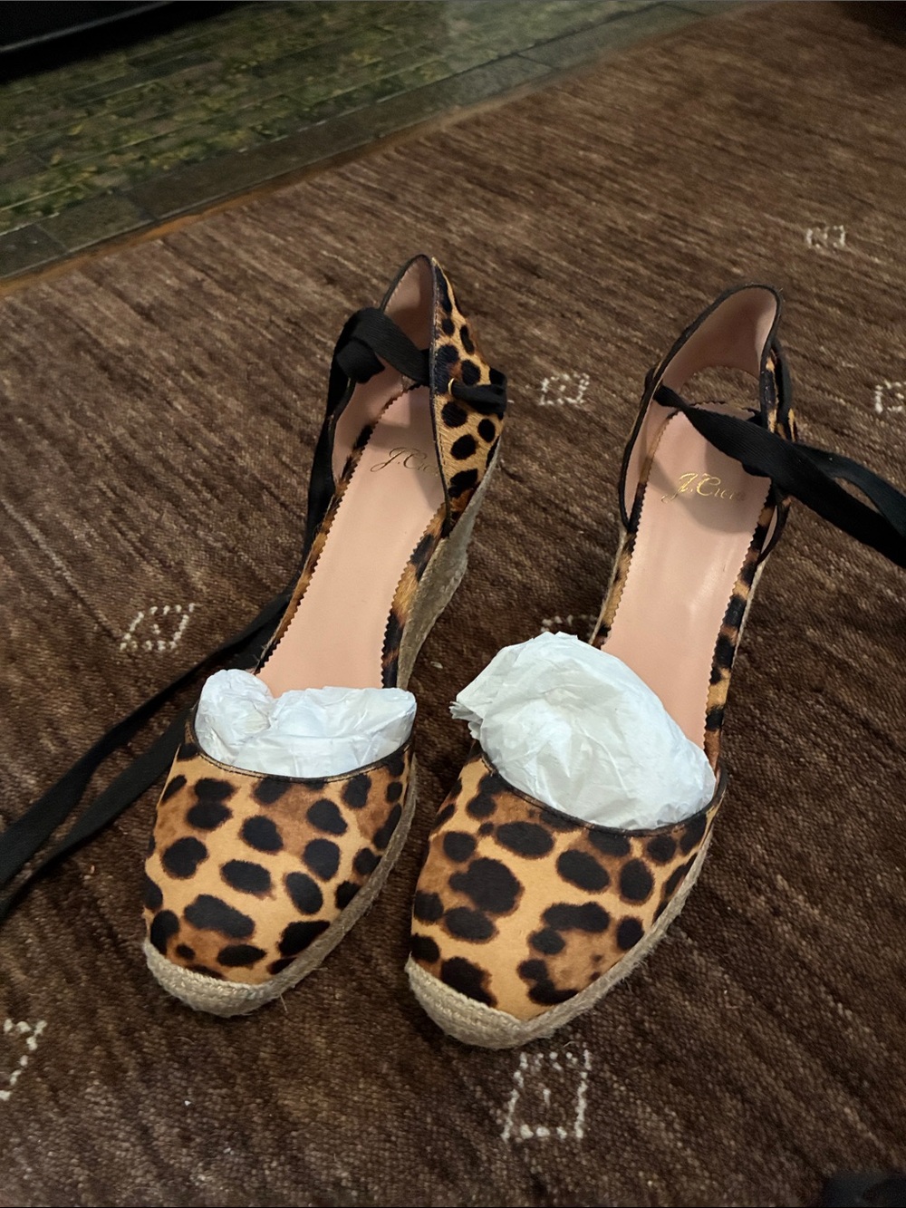 J. Crew Calf Hair Leopard Print Espadrille Wedge Heels with Ankle Tie